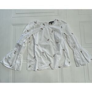 ALEXANDER JORDAN Women White Pinstripe Long Bell Sleeve Floral Sz Small S